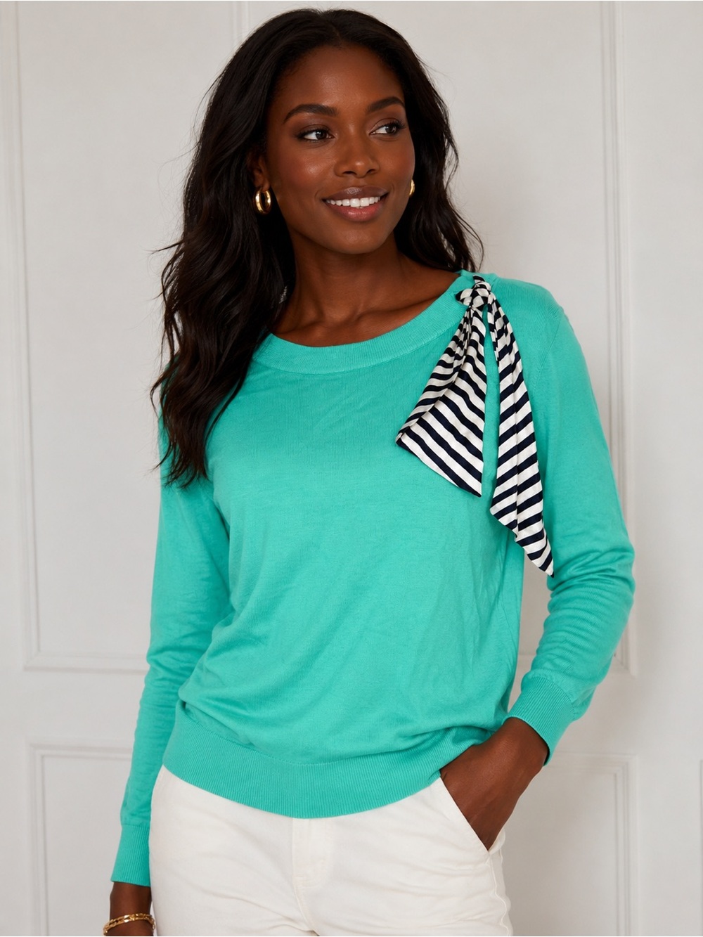 Talbots Mint Green Sweater Silk Bow Shoulder Top Size Small Nautical Preppy